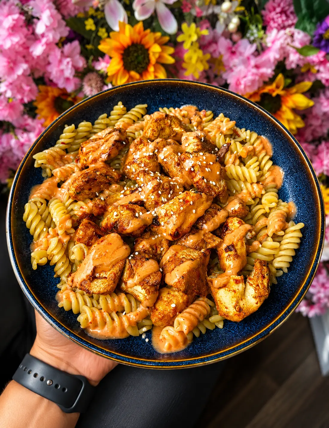 Chicken with loaded waffle fries