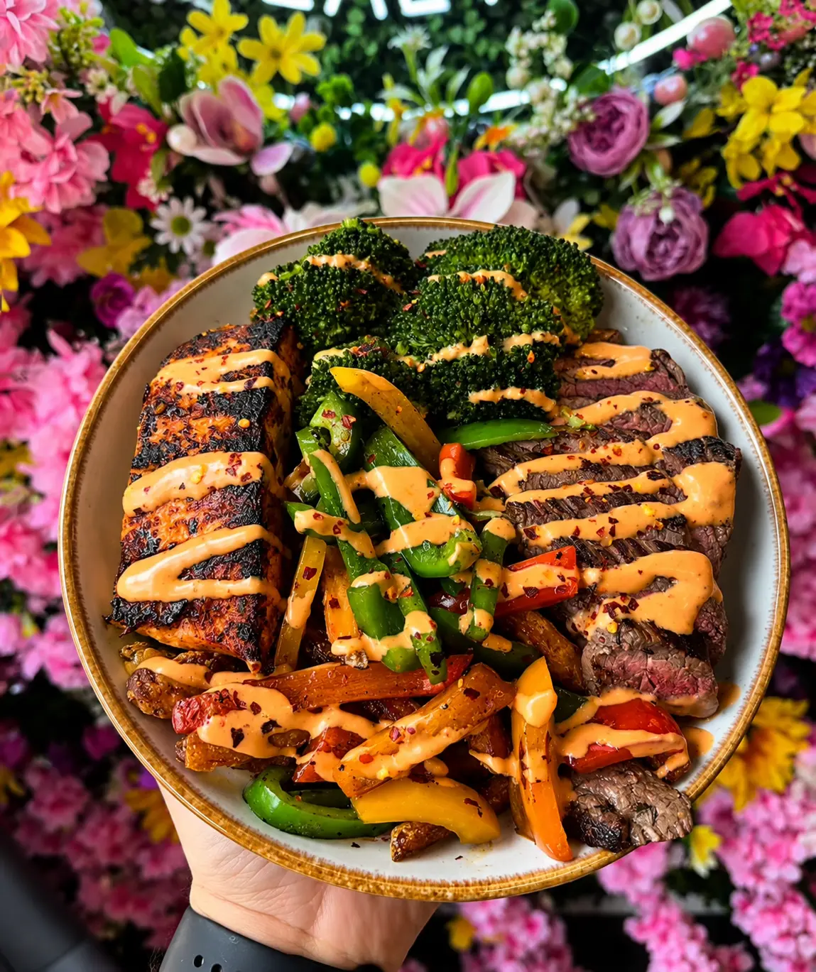 Grilled chicken with greens and sweet potato fries